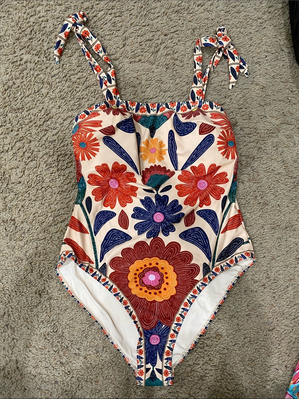 SHEIN Cream Floral Print Bikini Top with Red and Blue Accents